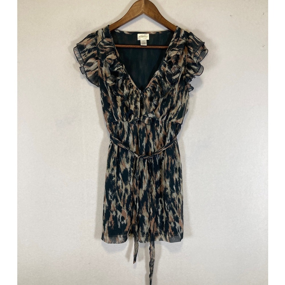Boho Motherhood Maternity Women Small Black Tan Abstract Ruffle Chiffon Tunic